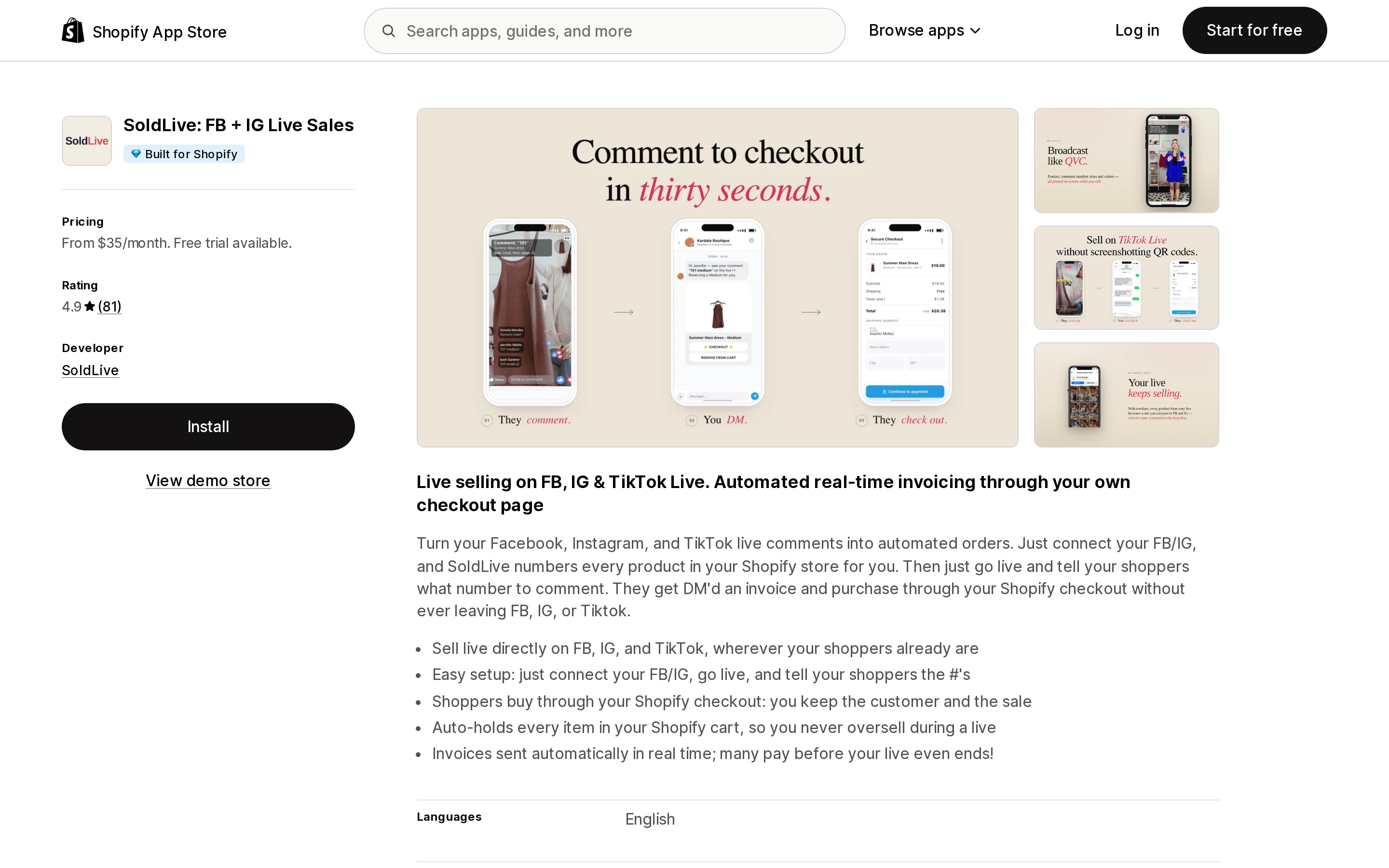 Top of the Shopify App Store listing page for SoldLive: FB + IG Live Sales