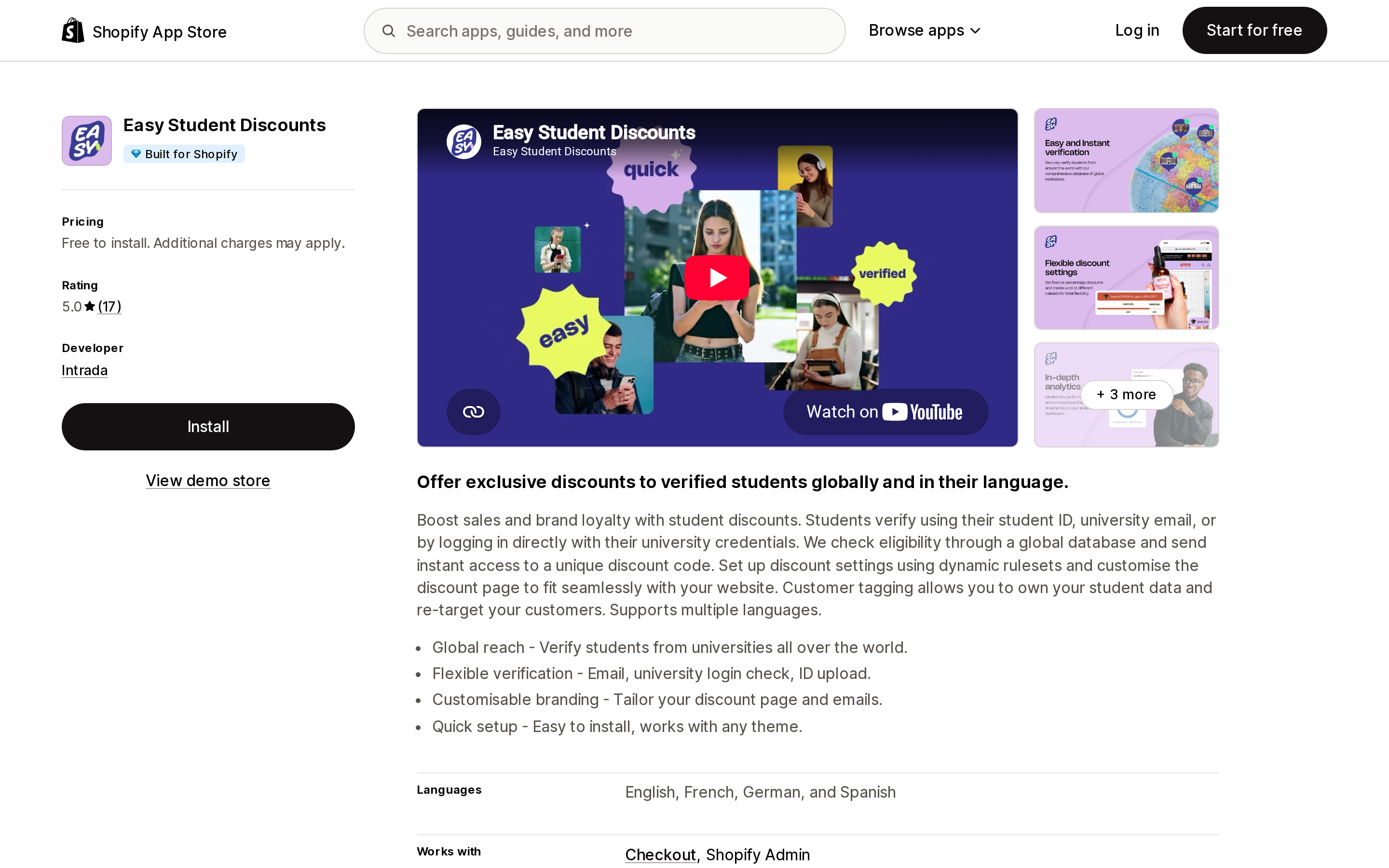 Top of the Shopify App Store listing page for Easy Student Discounts