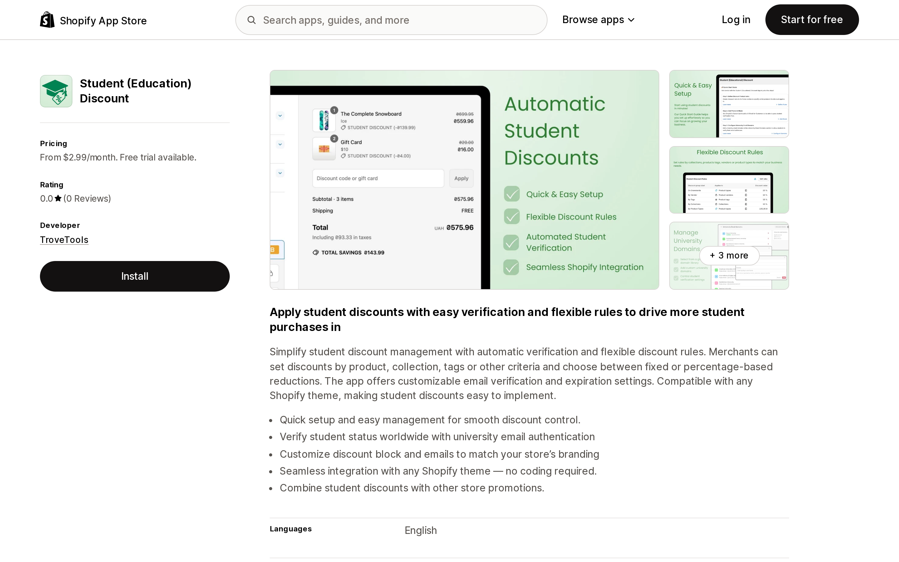 Top of the Shopify App Store listing page for Student (Education) Discount