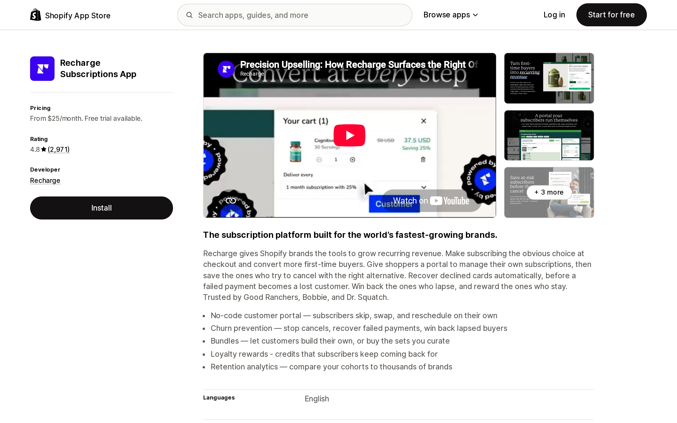 Top of the Shopify App Store listing page for Recharge Subscriptions App, showing pricing from $25 per month and a 4.8 rating
