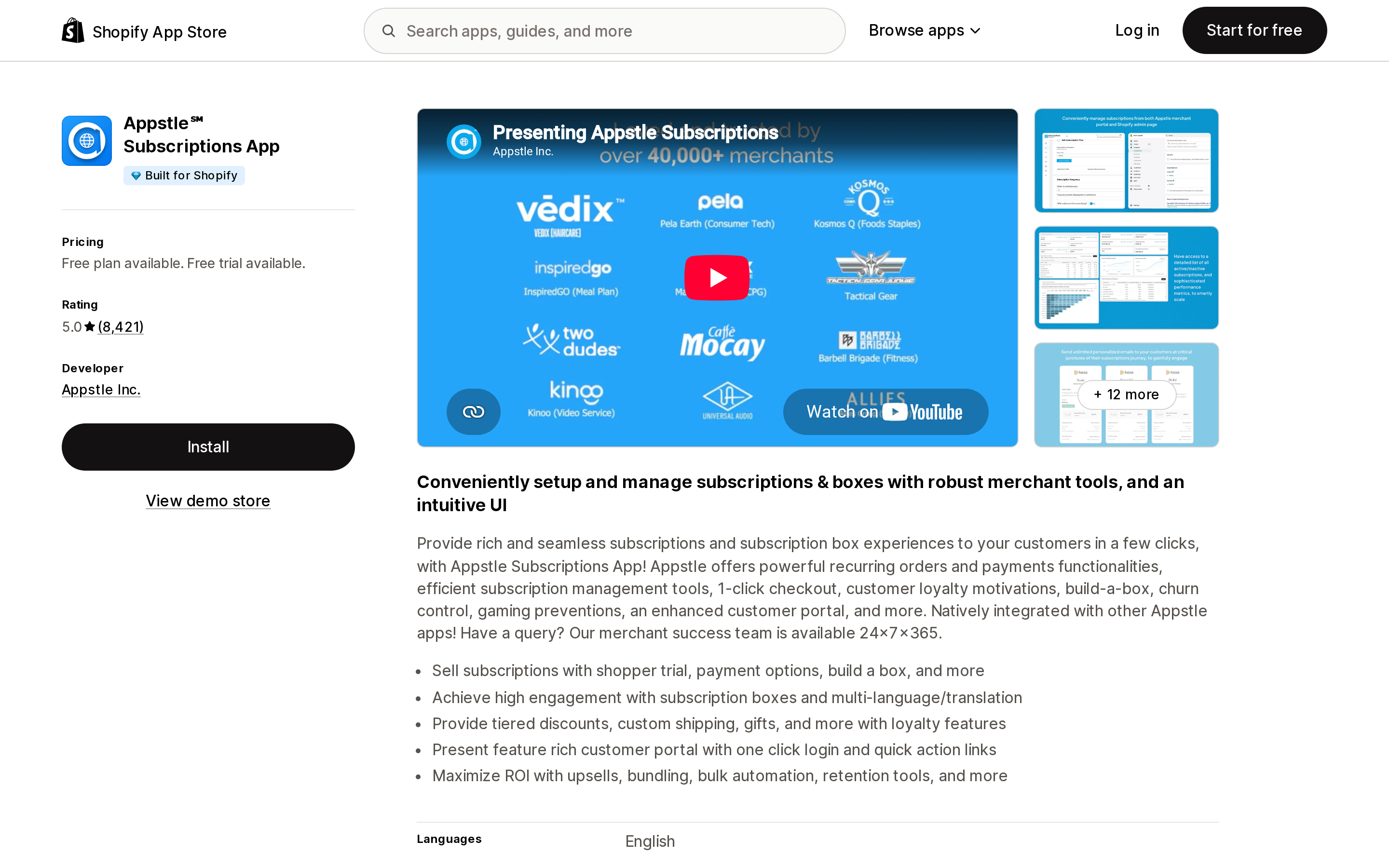 Top of the Shopify App Store listing page for Appstle Subscriptions App, showing the Built for Shopify badge and a 5.0 rating