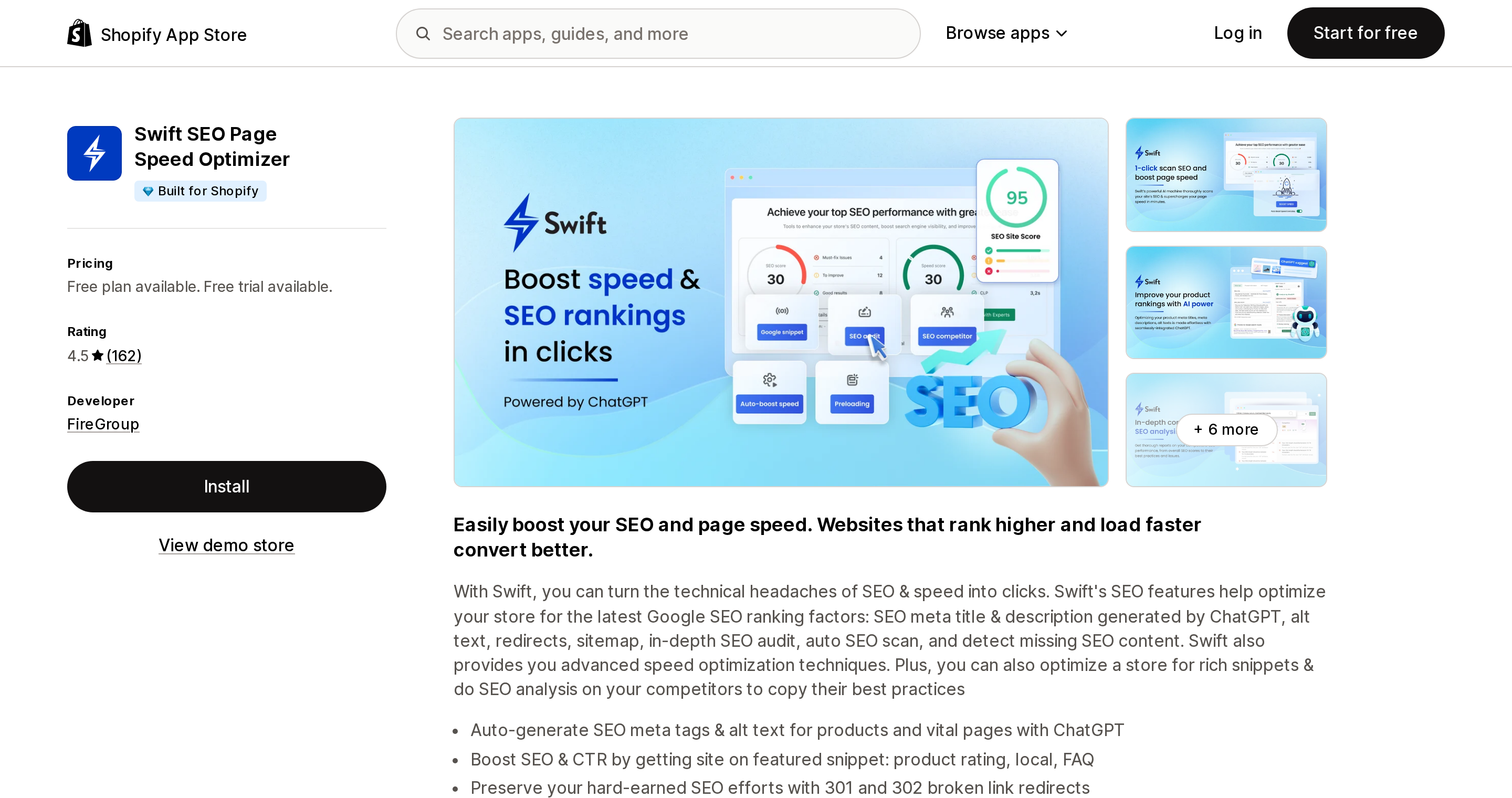 Top of the Shopify App Store listing page for Swift SEO Page Speed Optimizer