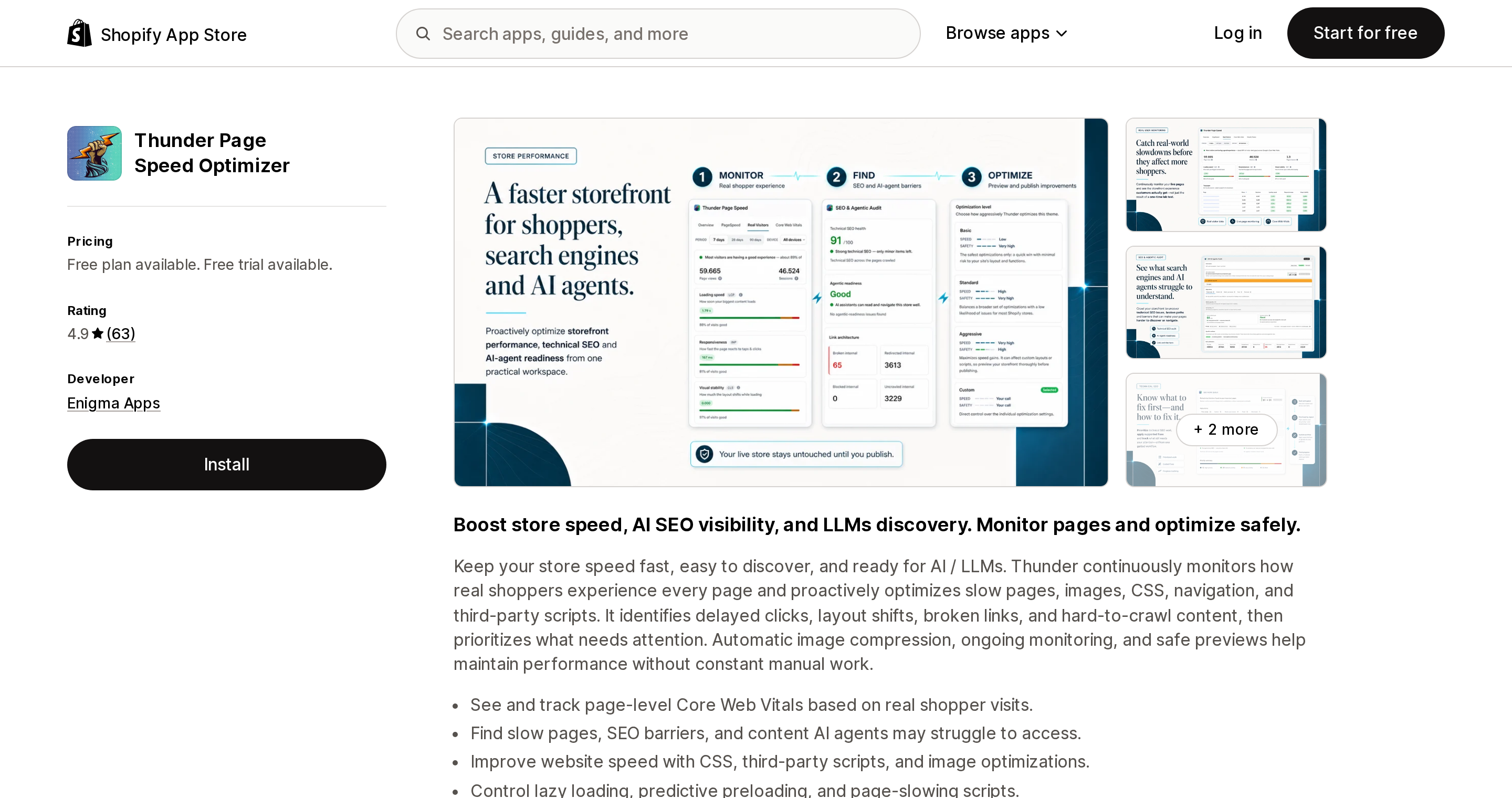 Top of the Shopify App Store listing page for Thunder Page Speed Optimizer