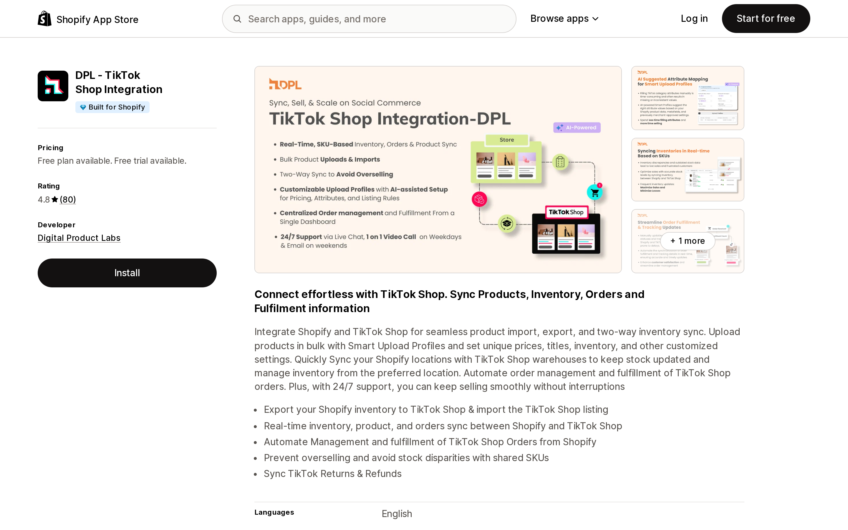 Top of the Shopify App Store listing page for DPL ‑ TikTok Shop Integration, showing the Built for Shopify badge