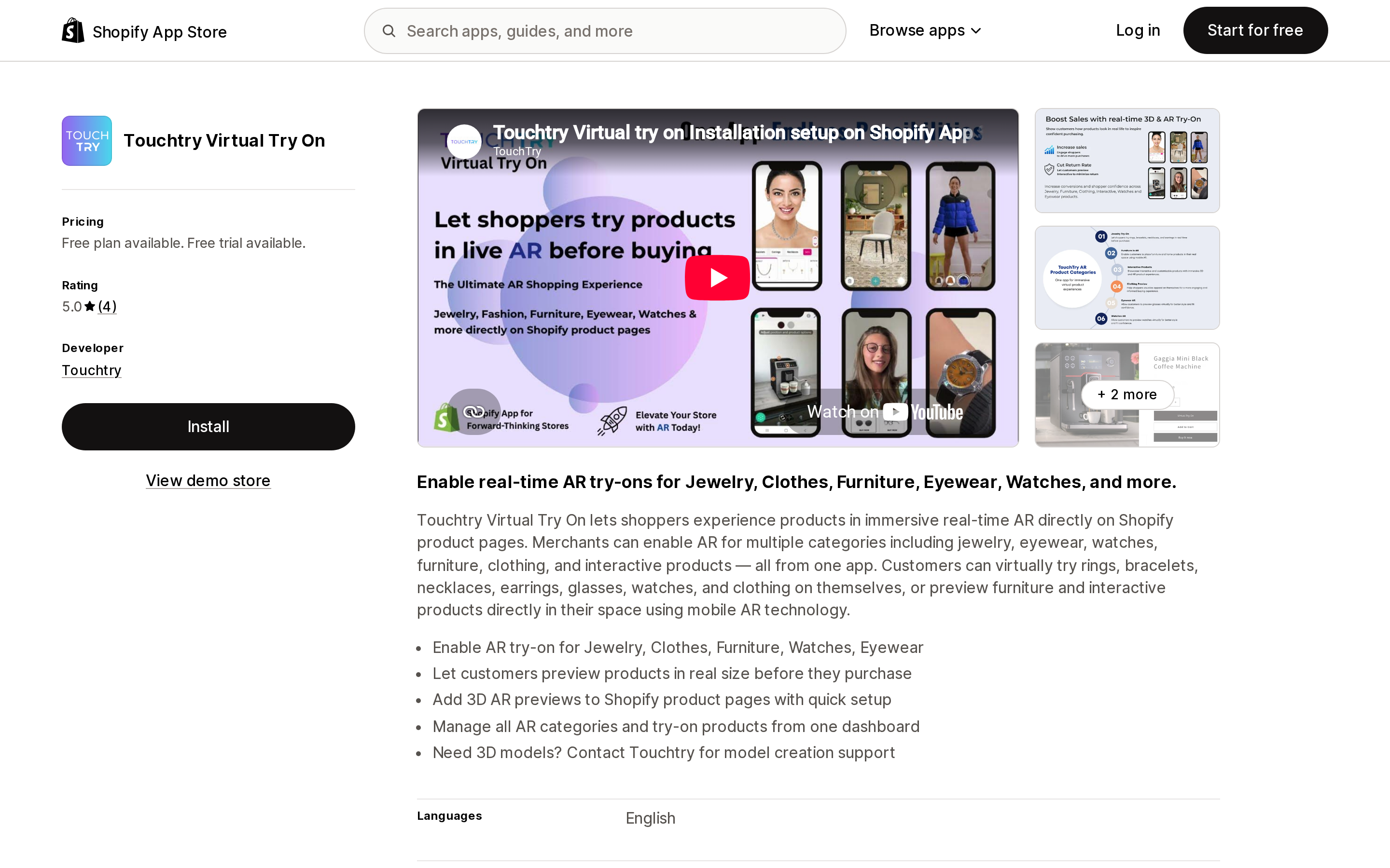 Top of the Shopify App Store listing page for Touchtry Virtual Try On