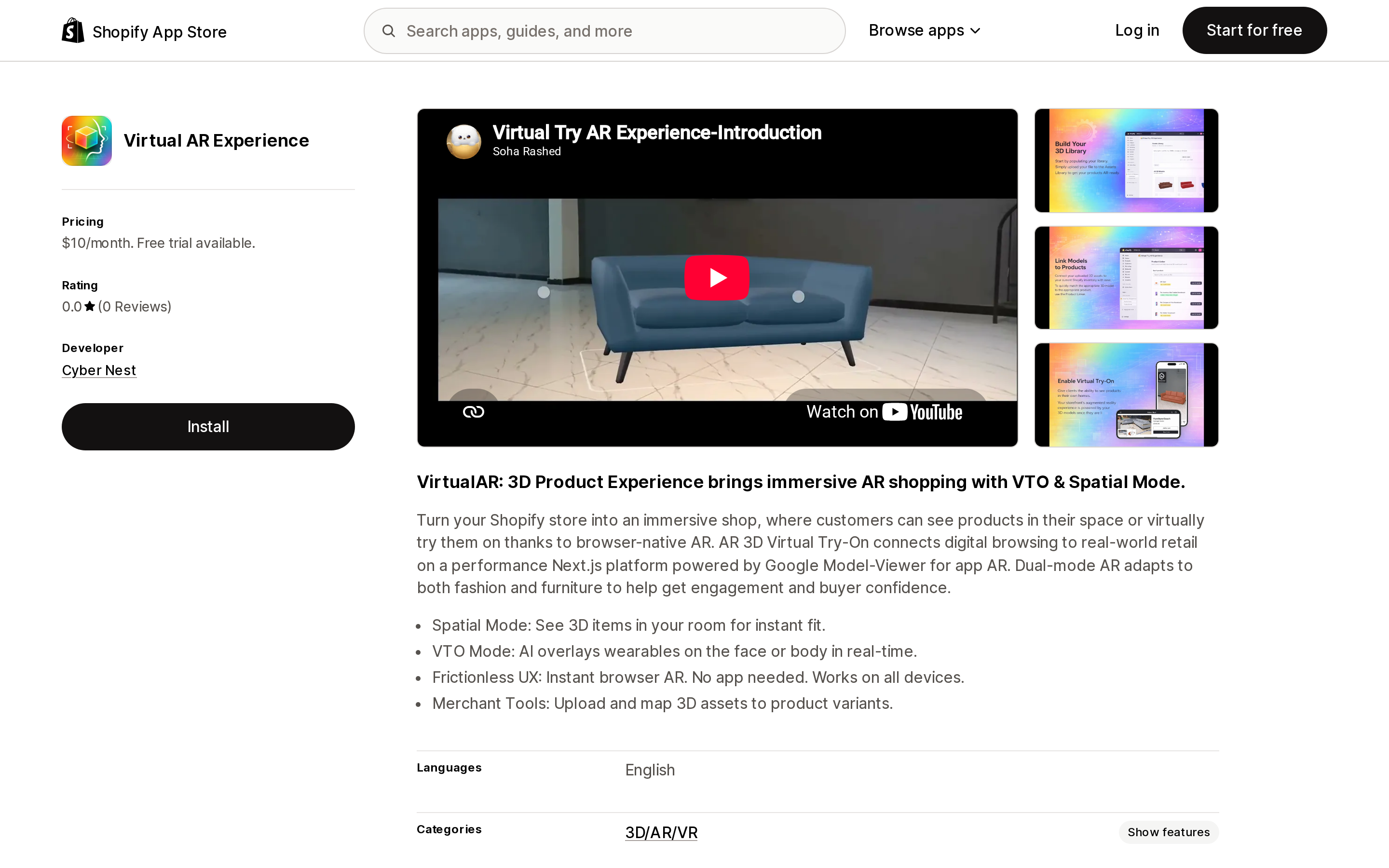 Top of the Shopify App Store listing page for Virtual AR Experience