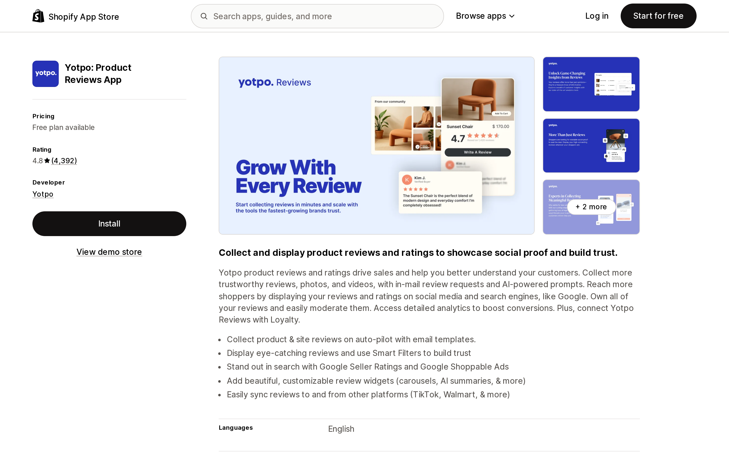 Top of the Shopify App Store listing page for Yotpo: Product Reviews App